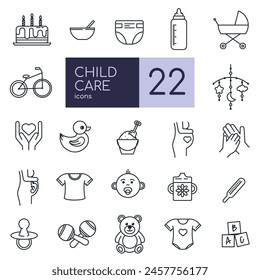 Child care thin line icons. Set of line icons related to international children day, kid rights, parenthood. Editable Stroke