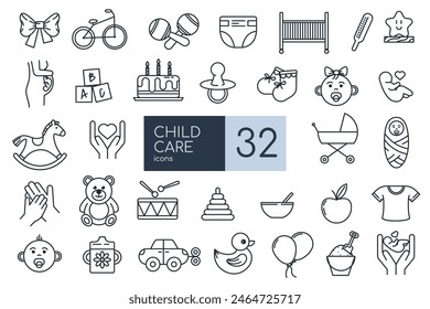 Child care thin line icons. Set of line icons related to international children day, kid rights, parenthood. Editable Stroke