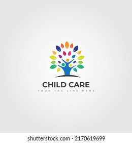 Child care Vector Logo Illustration. A tree with three child symbol, this logo symbolize a protection, peace, tranquility, growth, and care or concern to development