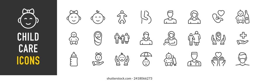 Child care web icons in line style. Care, support, safety, awareness, parenthood. Vector illustration.