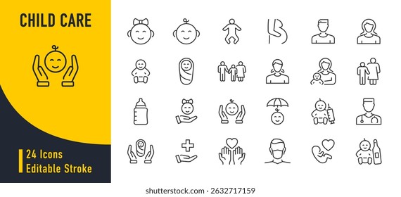 Child care web icons in line style. Care, support, safety, awareness, parenthood. Vector illustration.