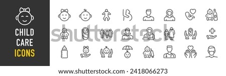Child care web icons in line style. Care, support, safety, awareness, parenthood. Vector illustration.