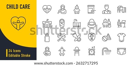 Child care web icons in line style editable stroke. Nurse, healthy eating, sleep, hygiene, crib, toys, infant, collection. Vector illustration.
