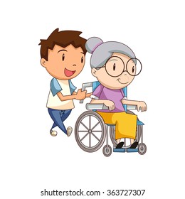Child caring old lady, vector illustration