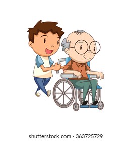 Child caring old man, vector illustration