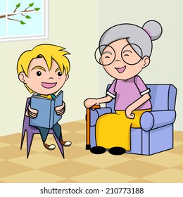 Child Caring Old People, Vector Illustration.