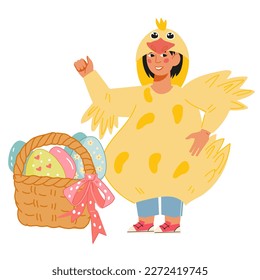 Child in carnival costume of chick with basket of Easter eggs, flat vector illustration isolated on white background. Easter holiday personage.