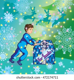 child carries a Christmas gift  for Santa