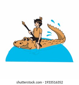 A child carries a stick that rides a crocodile on the water
