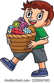 Child Carrying Basket of Eggs Cartoon Clipart