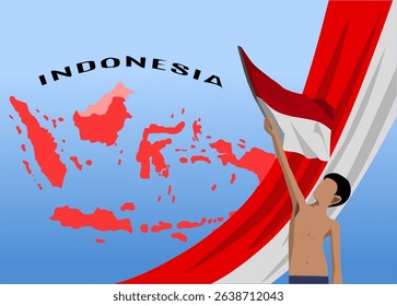 A child carrying an Indonesian flag. Indonesian map silhouette with Islands.
Independence Day Illustration, Background, Banner.