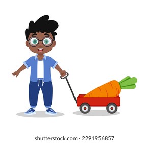 A child with a cart of carrots, a farmer boy