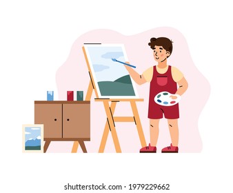 Child cartoon character painting on canvas, flat vector illustration isolated on white background. Childrens painting hobby or daily activity schedule topic.