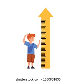 Child cartoon character standing near height measuring arrow, flat vector illustration isolated on white background. Children growth and physical development.