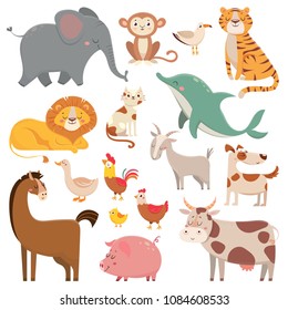 Child cartoons elephant, gull, dolphin, wild animal. Cute pet, farm and jungle animals vector cartoon characters