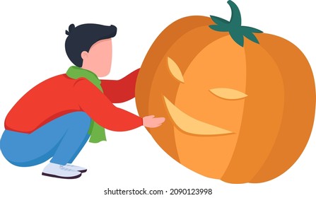 Child carving pumpking semi flat color vector character. Dynamic figure. Full body person on white. Kid having fun isolated modern cartoon style illustration for graphic design and animation