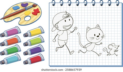 Child, cat, and mouse doodle with art supplies