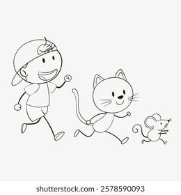 A child, cat, and mouse running happily together