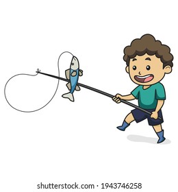 The Child Catches Blue Fish Using a Fishing Rod. Character. Children Book Illustration. Vector Illustration