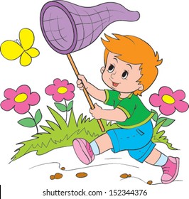 child catches the butterfly a net
