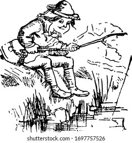 A child catching fishes with fishing pole in the water,  vintage line drawing or engraving illustration