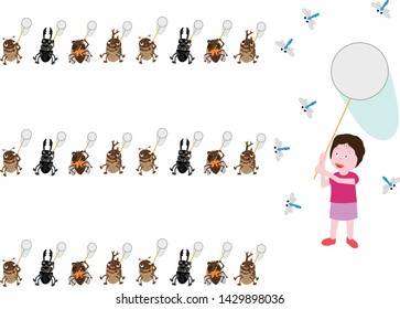 A child is catching an insect on the net. The beetles also come together and catch dragonflies and butterflies.