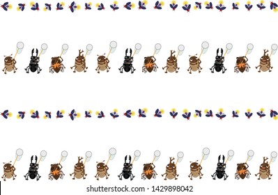 A child is catching an insect on the net. The beetles also come together and catch dragonflies and butterflies.