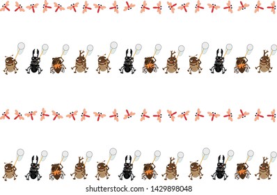 A child is catching an insect on the net. The beetles also come together and catch dragonflies and butterflies.