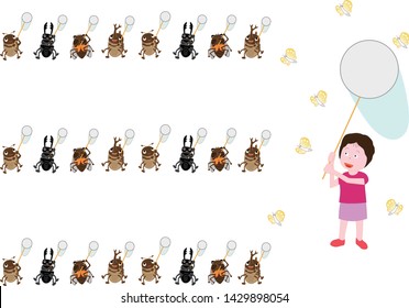 A child is catching an insect on the net. The beetles also come together and catch dragonflies and butterflies.