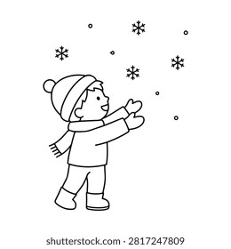 Child catching snowflakes line icon. Minimalist line icon on a white background