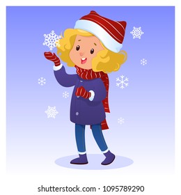 Child catching snowlakes in winter. Cartoon vector illustration