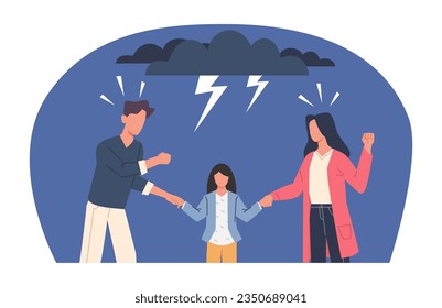 Child caught between divorcing parents fighting for custody of child. Unhappy family, couple disagreement, wife and husband misunderstanding. Cartoon flat style isolated vector concept