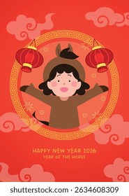 Child celebrating new year of the horse card. Cute girl with zodiac horse costume on an oriental background with red lanterns decorations.