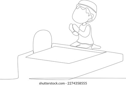 A child in cemetery praying while raising his hands  One line drawing