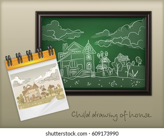 Child chalk hand drawing landscape with house on blackboard and doodle style house paint, vector illustration