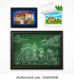 Child chalk hand drawing landscape with house on blackboard and doodle style project. Vector illustration.