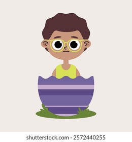 Child character of afro boy with glasses and yellow t-shirt in pastel colors inside a purple Easter egg on grass and light background.