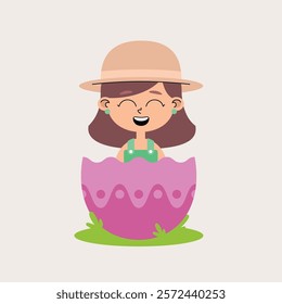 Child character of Caucasian girl, brown hair, green overalls and hat in pastel colors inside a pink Easter egg on grass.