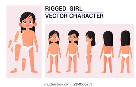 Child Character Creation Set For Animation, Girl Wearing Underwear with Black Hair Poses