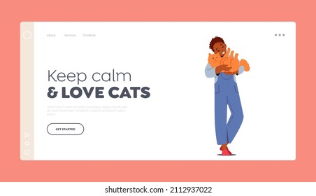 Child Character Cuddle with Pet Landing Page Template. African Boy Holding Cute Fluffy Ginger Kitten on Hands.Childhood, Love and Tenderness to Animals. Happy Kid Hug Cat. Cartoon Vector Illustration