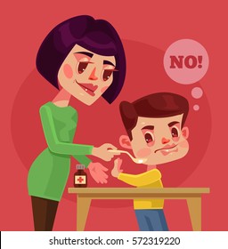 Child character do not want to take medication. Vector flat cartoon illustration