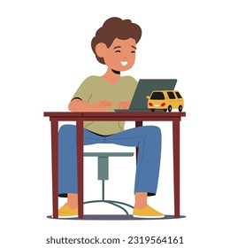 Child Character Engaged In Learning, Seated At A Desk, Focused On Typing On Laptop. Little Boy Exploring The World Of Technology And Expanding Their Knowledge. Cartoon People Vector Illustration