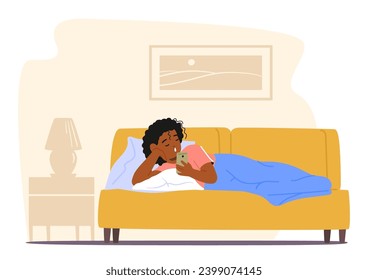 Child Character Engrossed In Smartphone, Cocooned In Bed, Bathed In The Glow Of The Screen, Captivated By The Digital World, Oblivious To The Night Around Them. Cartoon People Vector Illustration