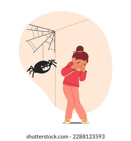 Child Character Experiences Arachnophobia, Displaying An Irrational And Intense Fear Of Spiders. The Image Is Ideal For Psychology Or Mental Health-related Content. Cartoon People Vector Illustration