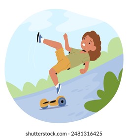 Child Character Falling Off A Hoverboard While Riding Outdoors. Background Shows Greenery And A Bright Sky, Highlighting A Fun And Adventurous Moment Turned Into A Mishap. Cartoon Vector Illustration