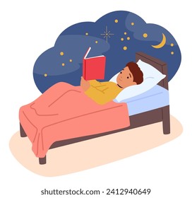 Child Character Immersed In A Bedtime Tale, Nestled Under Warm Cover, Captivated By The Enchanting Pages, As Imagination Takes Flight In The Cozy Embrace Of Dreams. Cartoon People Vector Illustration