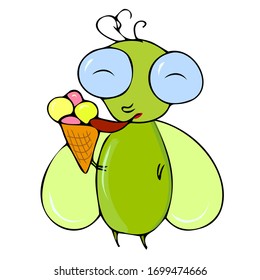 Child character, insect boy with ice cream in hand, funny green fly. Cute illustration for fairy tales, design, comics, toy idea. Vector stock image on white background, isolated.