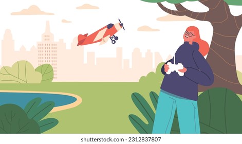 Child Character Operating A Remote-controlled Plane Toy, Experiencing The Thrill Of Piloting Their Miniature Aircraft