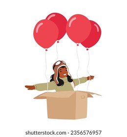Child Character In Pilot Hat Sits In A Carton Box with Helium Balloons, Soaring Through The Sky With Wide-eyed Wonder, Embracing The Joy Of An Imaginary Flight. Cartoon People Vector Illustration