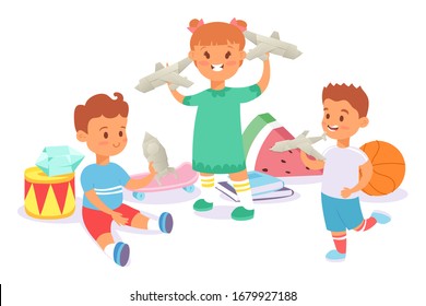 Child character play with paper airplane, drum, skateboard, and stuffed toy, isolated on white, cartoon vector illustation. Funny kid play in place. Design origami for poster, banner and website.